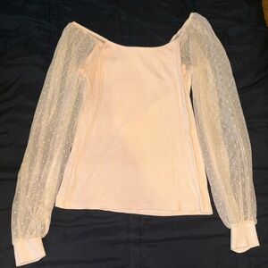 Doruse Beige Ribbed Top with Lace Sleeves